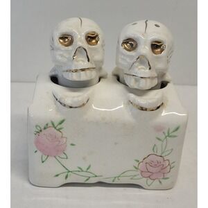Vintage Japan Ceramic Skull Salt and Pepper bobblehead Shakers Set Gold Accents